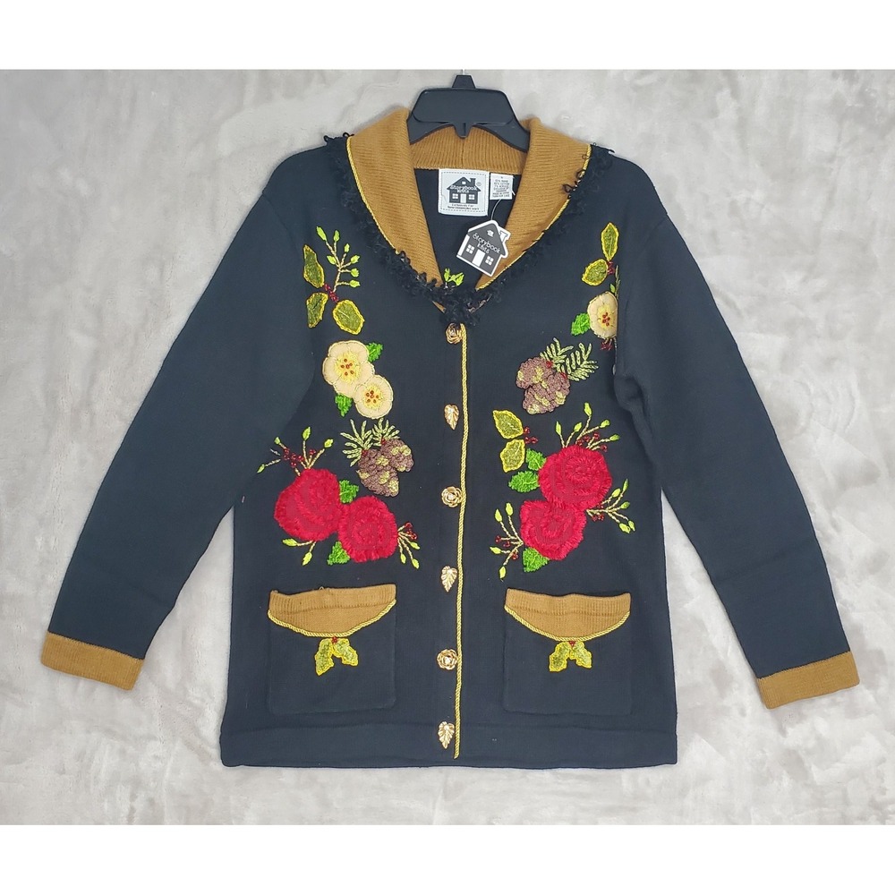 Vintage Storybook Knits Sweater S Embroidered Roses Pinecones Cottagecore NWT